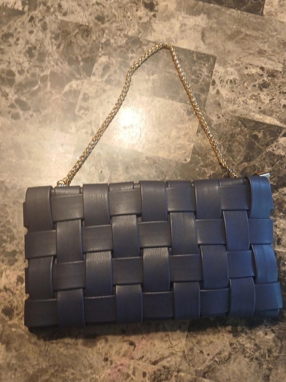 Woven Navy Blue Clutch with Gold Chain Strap